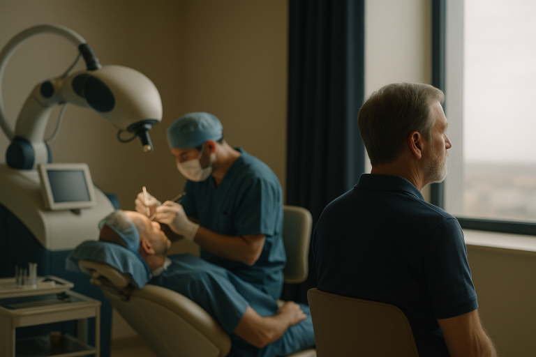 A surgeon performing a hair plants procedure using FUE technique in a modern clinic.
