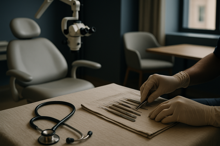 Hair transplant surgeon consulting with a patient in a modern clinic.