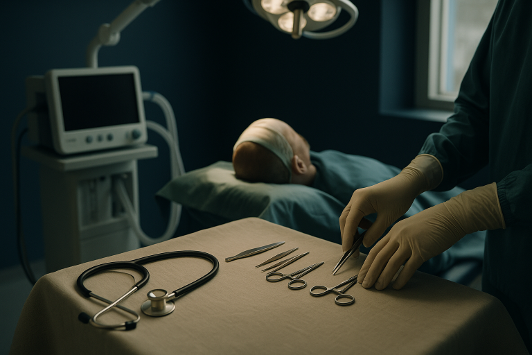 A surgeon performing a hair transplant procedure in an operating theatre.