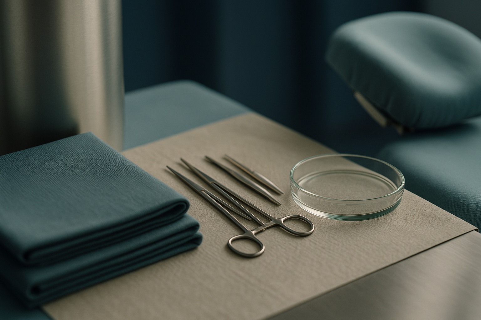 Operating theatre prepared for hairline lowering procedure with surgical tools and equipment.