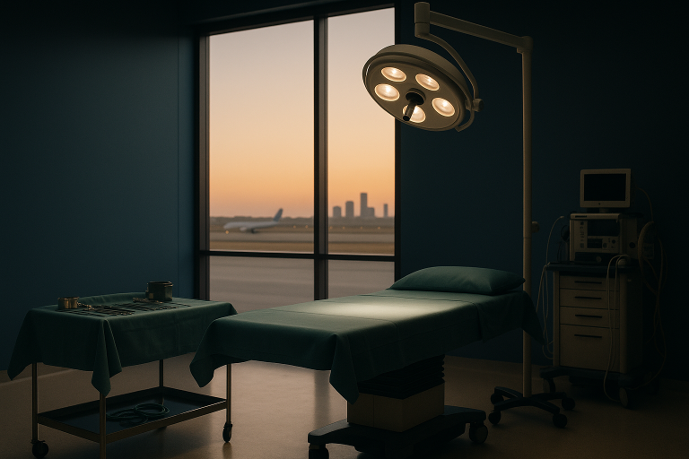 Operating theatre setup for hairline lowering surgery, with surgical tools and equipment.