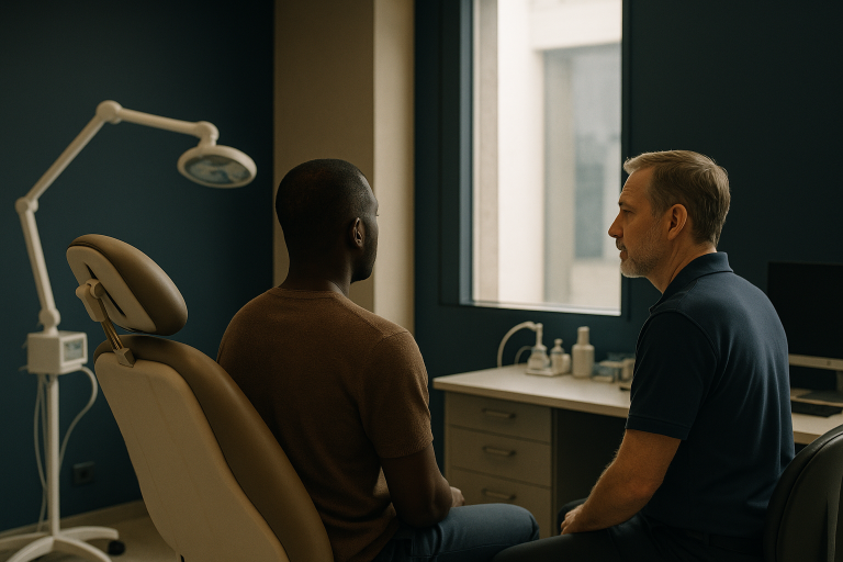 Black male hairline transplant consultation in a modern clinic setting.