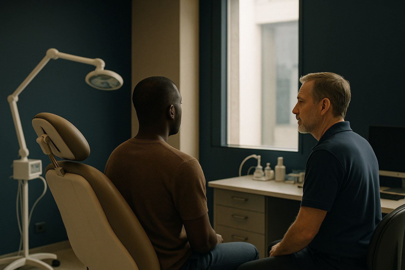 Black male hairline transplant consultation in a modern clinic setting.