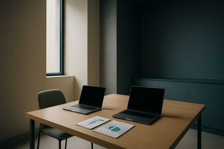 Executives in a modern workspace discussing health tourism companies with laptops and healthcare brochures.