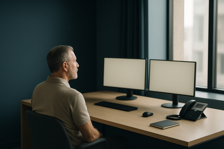 Modern executive workspace showcasing health tourism news and healthcare contact center software.