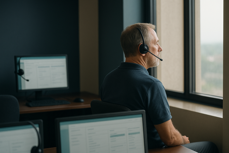 Healthcare call center environment with agents using healthcare contact center software on computer screens.