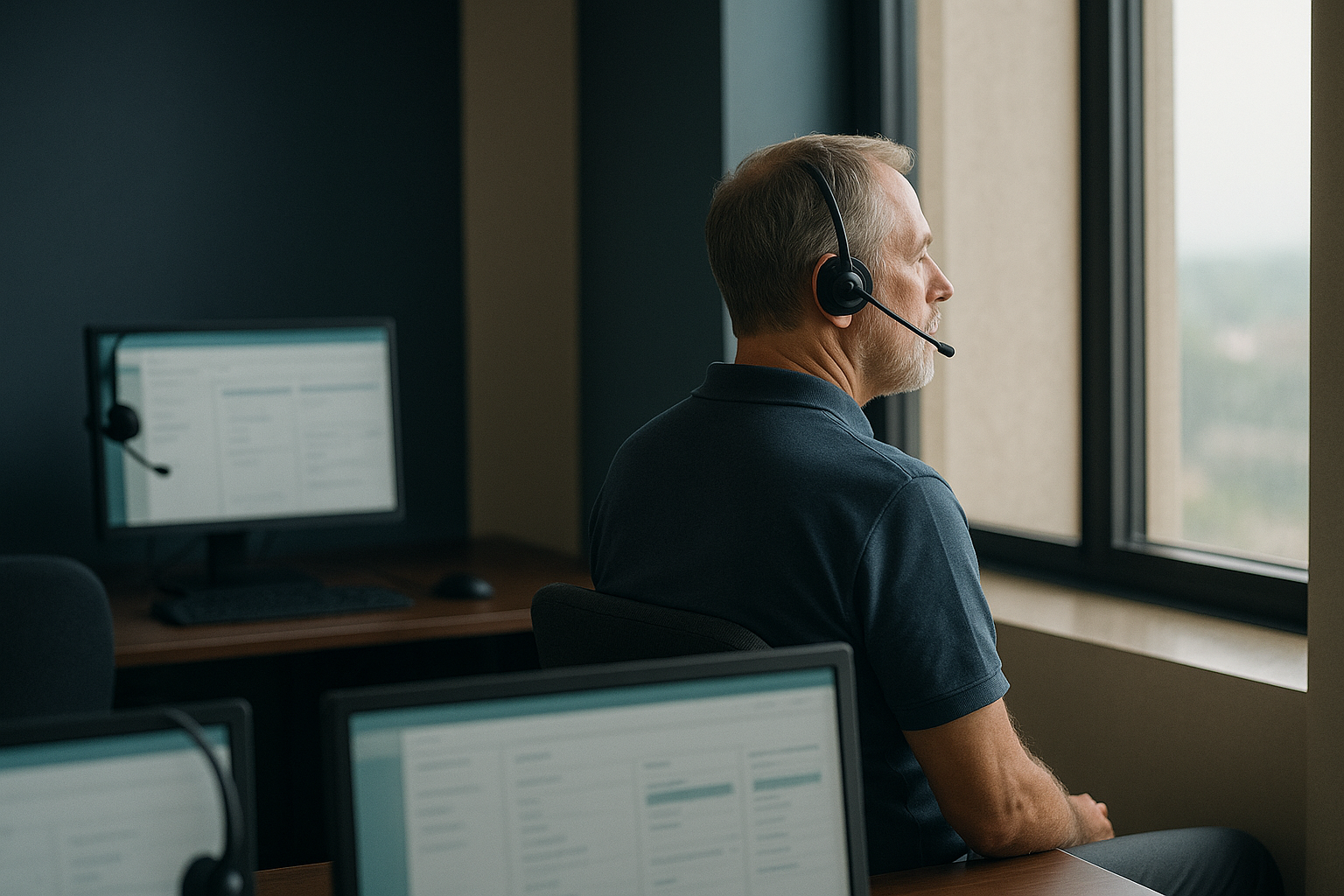 Healthcare call center environment with agents using healthcare contact center software on computer screens.