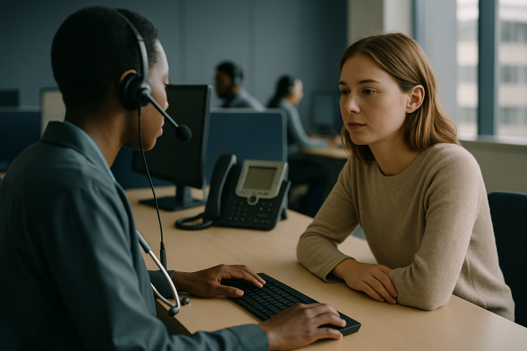Healthcare call center solutions environment with advanced technology and diverse staff.