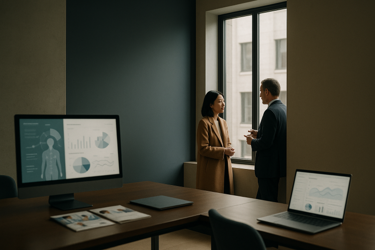 Healthcare digital marketing tools displayed on screens in a modern executive workspace.