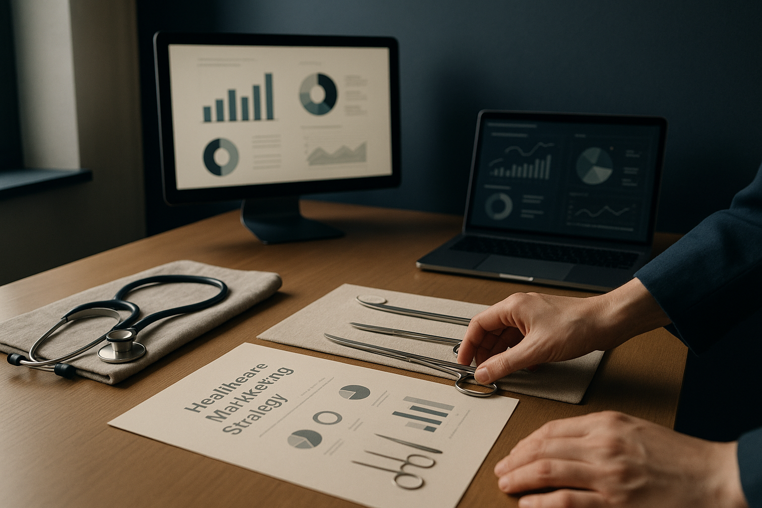 Healthcare lead generation companies strategy session with digital marketing tools and documents.