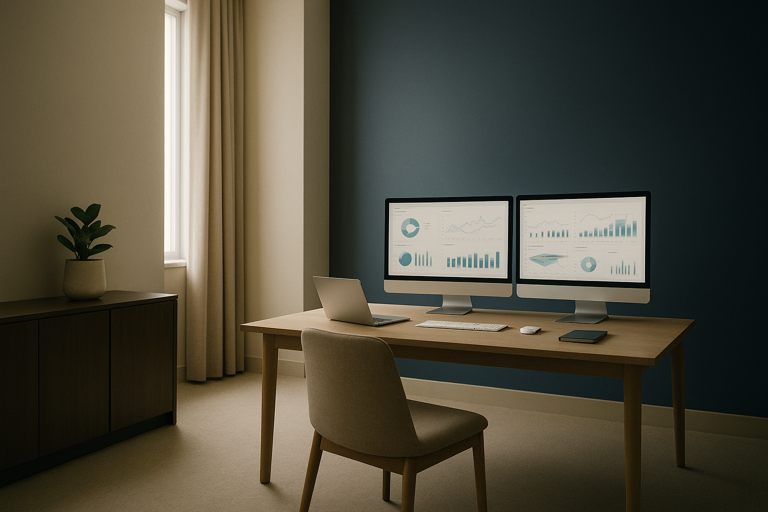 Healthcare marketing campaigns being analysed on digital marketing dashboards in a modern executive workspace.