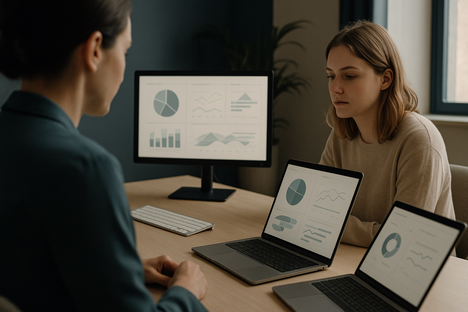 Healthcare marketing consultant in an executive workspace analyzing digital marketing strategies on multiple screens.