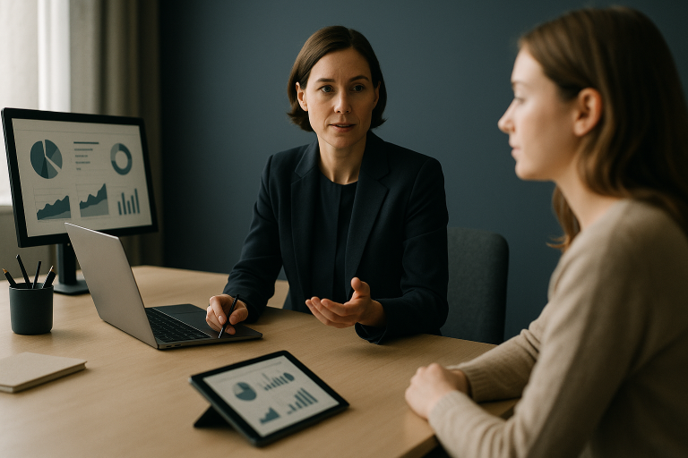 Healthcare marketing consultants discussing strategies in an executive workspace.