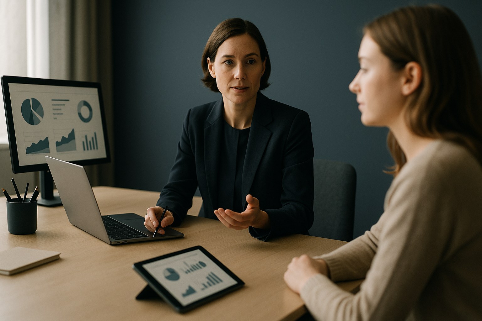 Healthcare marketing consultants discussing strategies in an executive workspace.