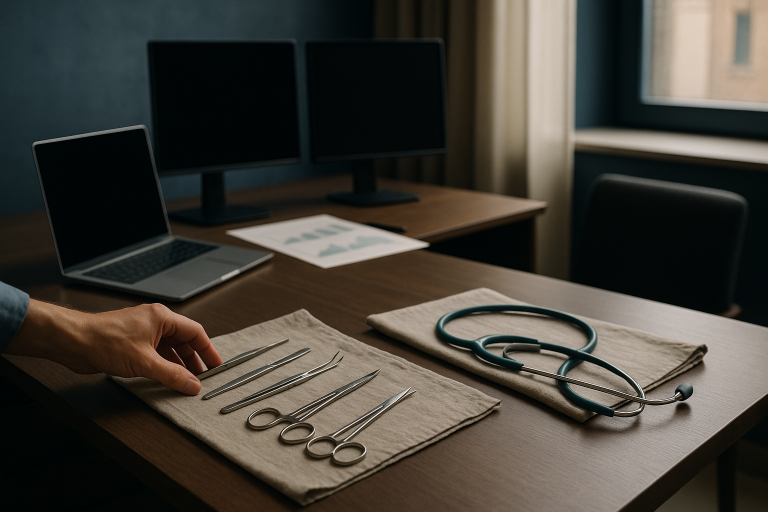 Healthcare marketing consulting workspace with digital marketing tools and SEO charts.