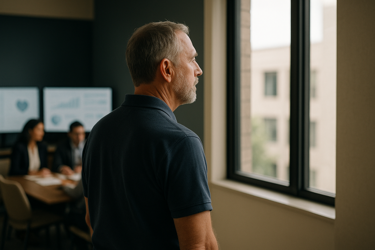 Healthcare sales leads strategy session in a modern executive workspace with digital marketing tools on display.