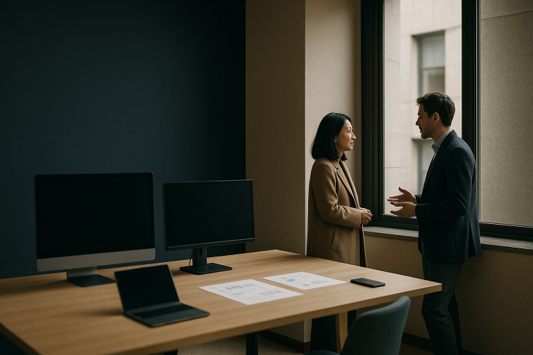 Modern executive workspace planning healthcare SEO strategies with digital marketing tools.