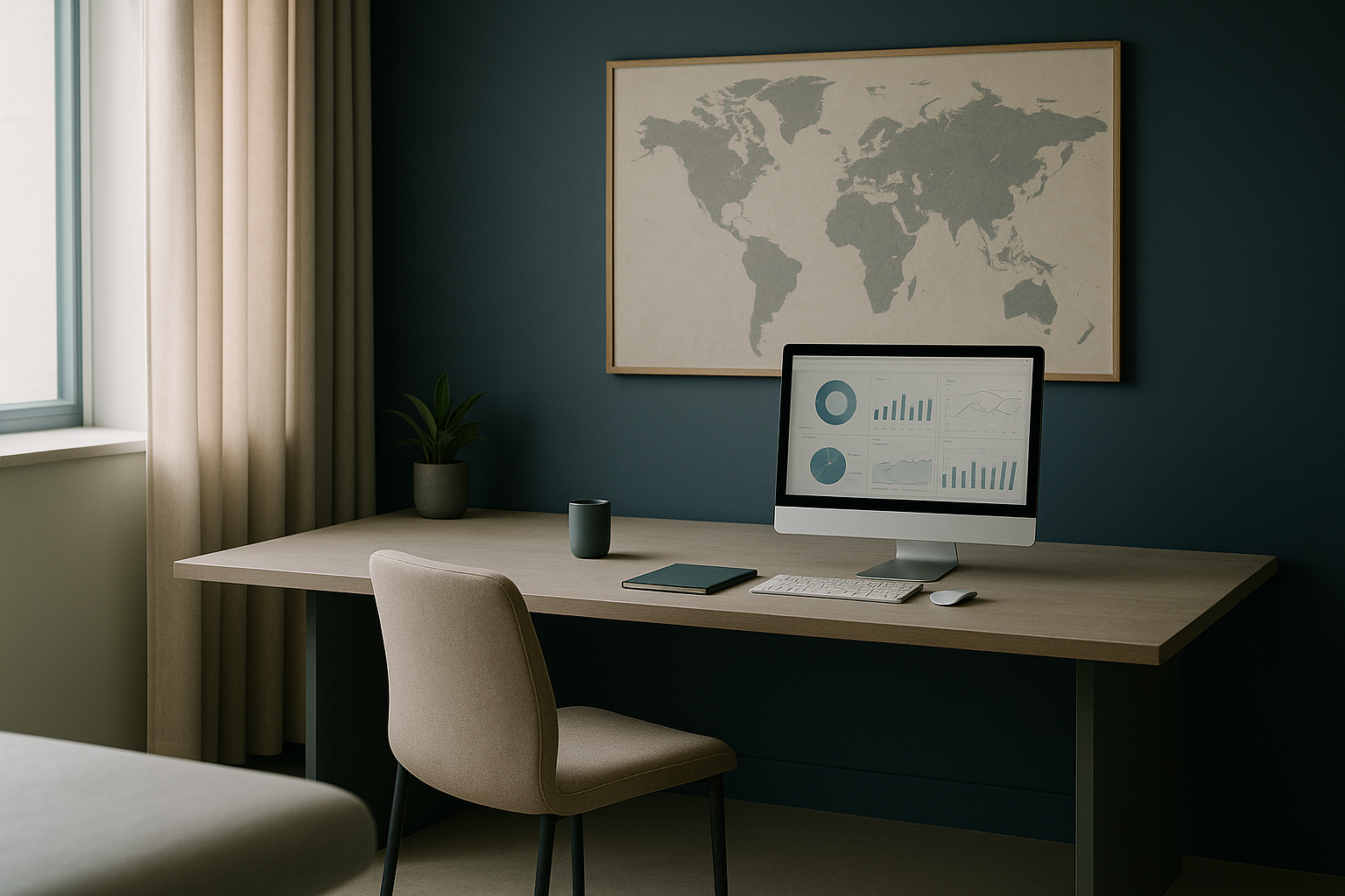 Healthcare SEO company workspace with analytics software and global map.