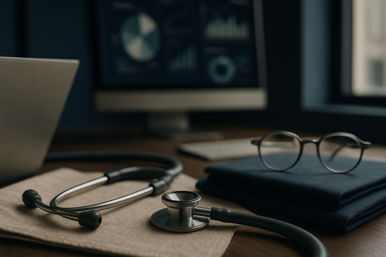 Modern executive workspace with healthcare SEO consultant tools on screens.