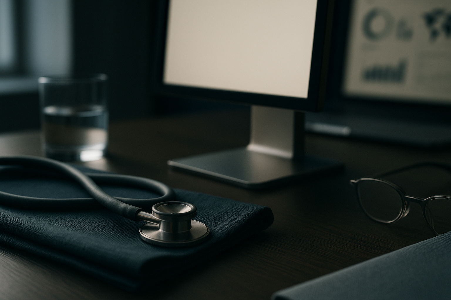 Healthcare strategies discussed in an executive workspace with marketing and SEO software on screens.