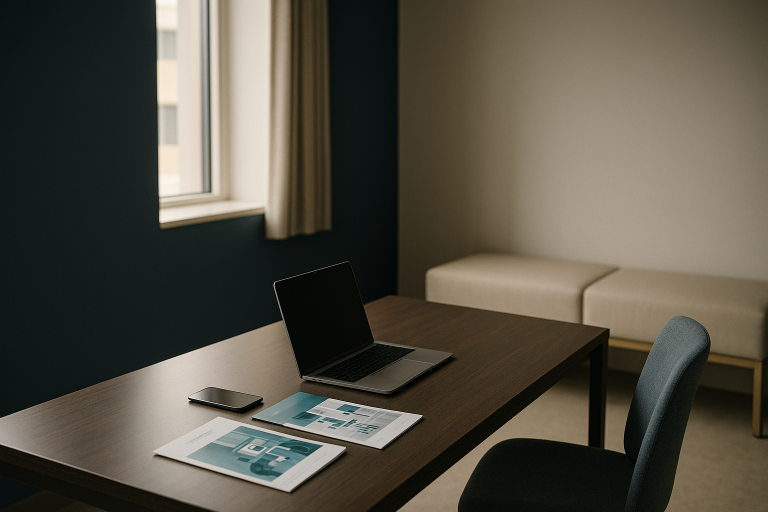 Healthcare technology marketing meeting in a modern executive workspace with digital tools.