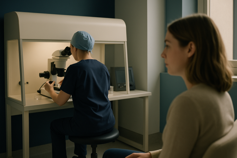 Embryologist in a lab examining IVF samples under a microscope, illustrating how expensive is IVF.