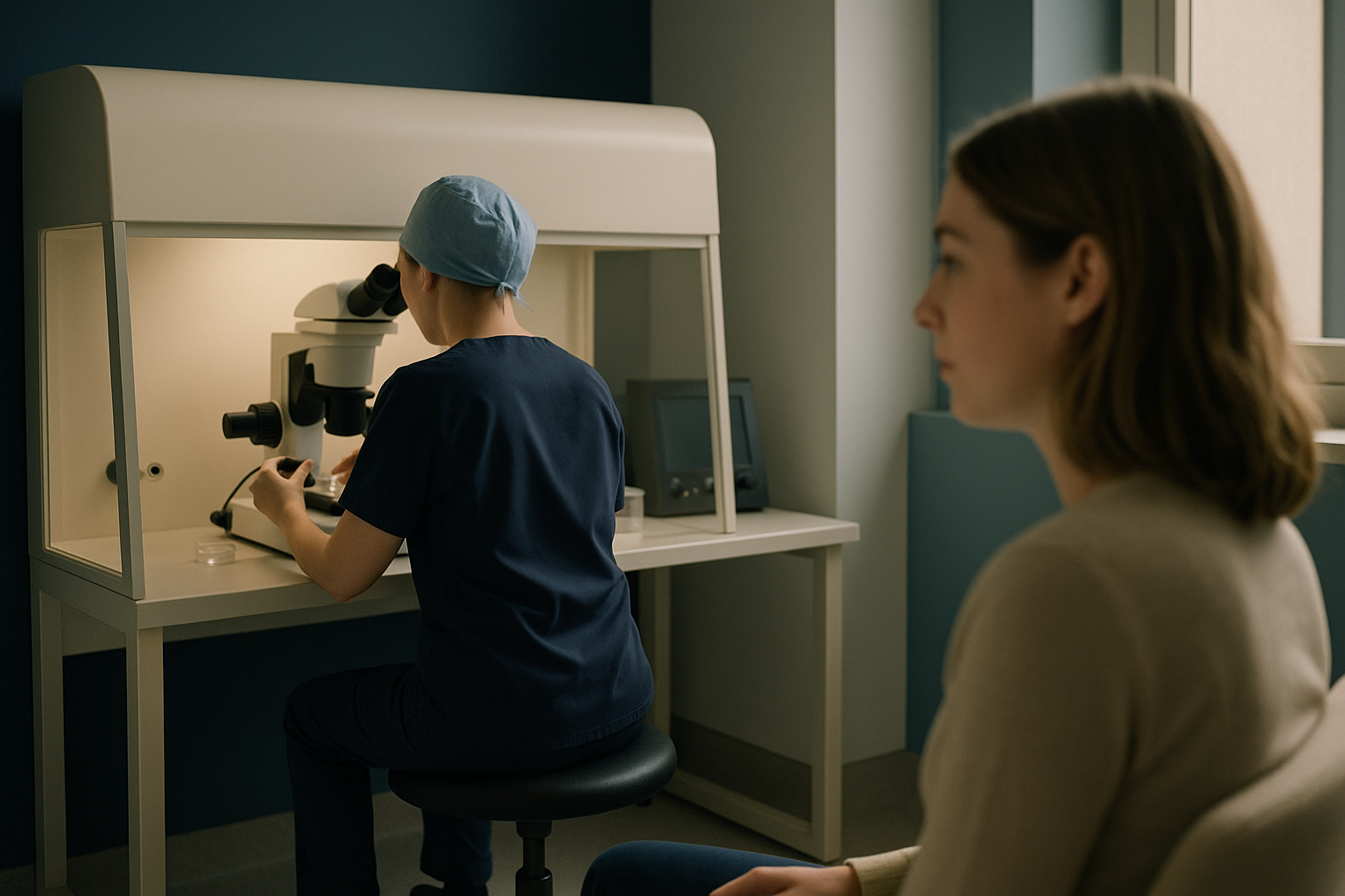 Embryologist in a lab examining IVF samples under a microscope, illustrating how expensive is IVF.