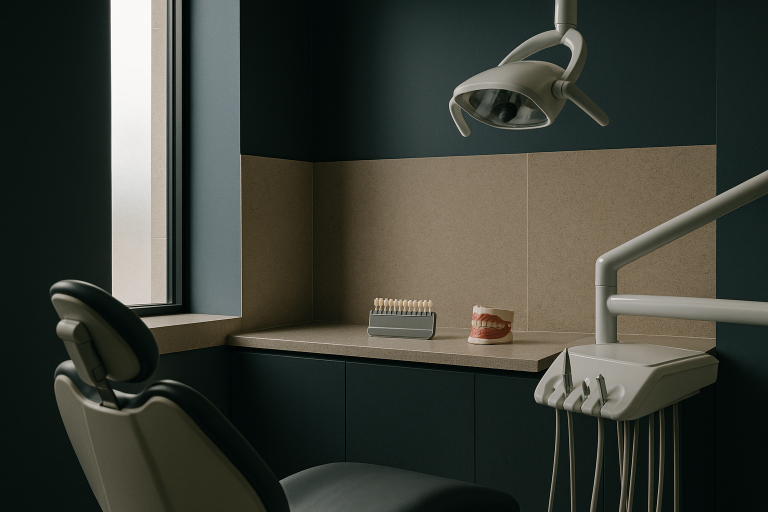 Dentist discussing veneer costs with patient in modern dental clinic.