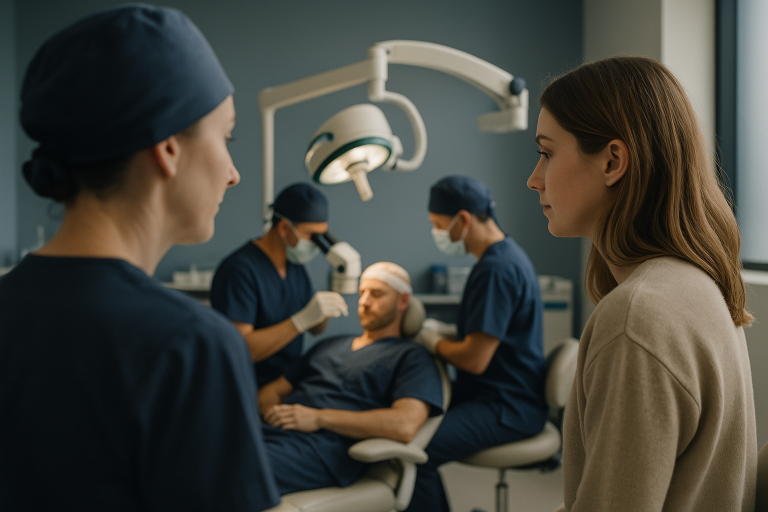 Hair transplant procedure in a USA clinic with advanced equipment