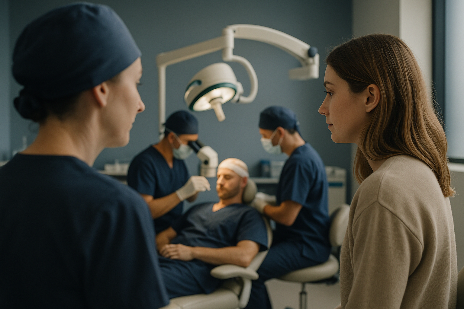 Hair transplant procedure in a USA clinic with advanced equipment