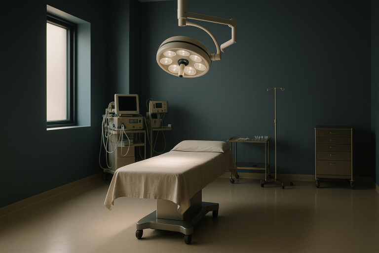 Operating theatre with a surgical team preparing for a forehead reduction surgery.