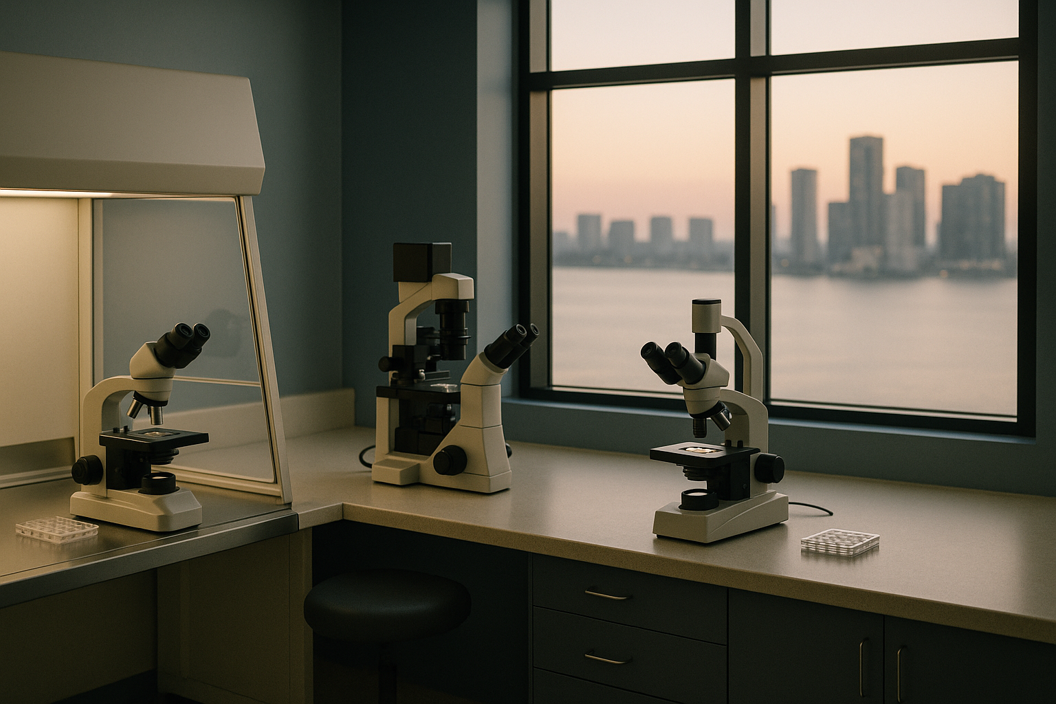 Scientists working in an embryology lab, focusing on IVF procedures.