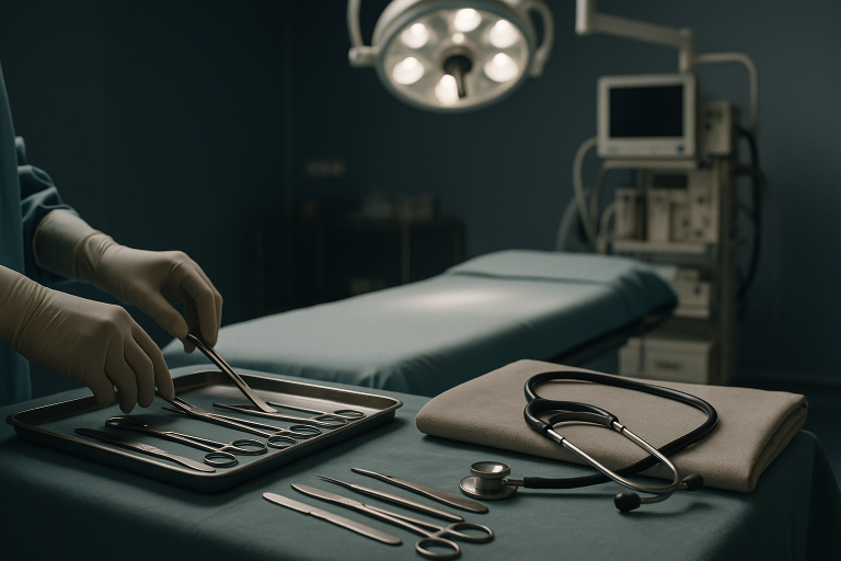 Surgical theatre setup for nose reshaping with instruments and operating table.
