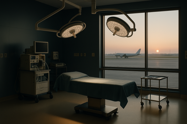 Surgeons in an operating theatre preparing for nose surgery, showcasing advanced medical equipment.