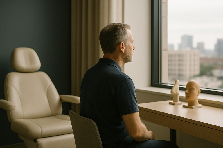 Consultation room for rhinoplasty costs discussion with models of a nose and face.