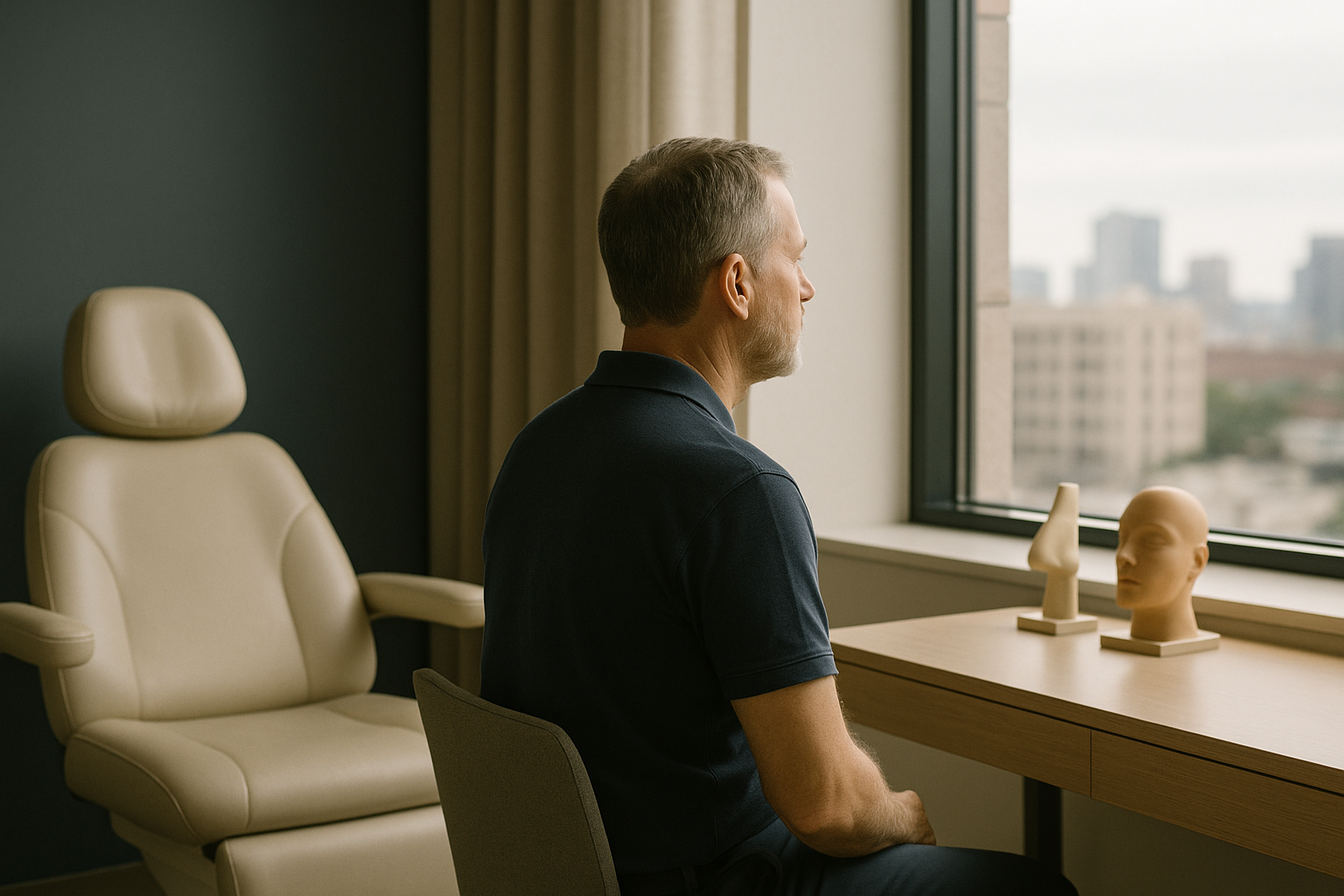 Consultation room for rhinoplasty costs discussion with models of a nose and face.