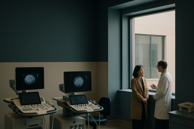 An embryology lab demonstrating IFV assessment with ultrasound equipment.