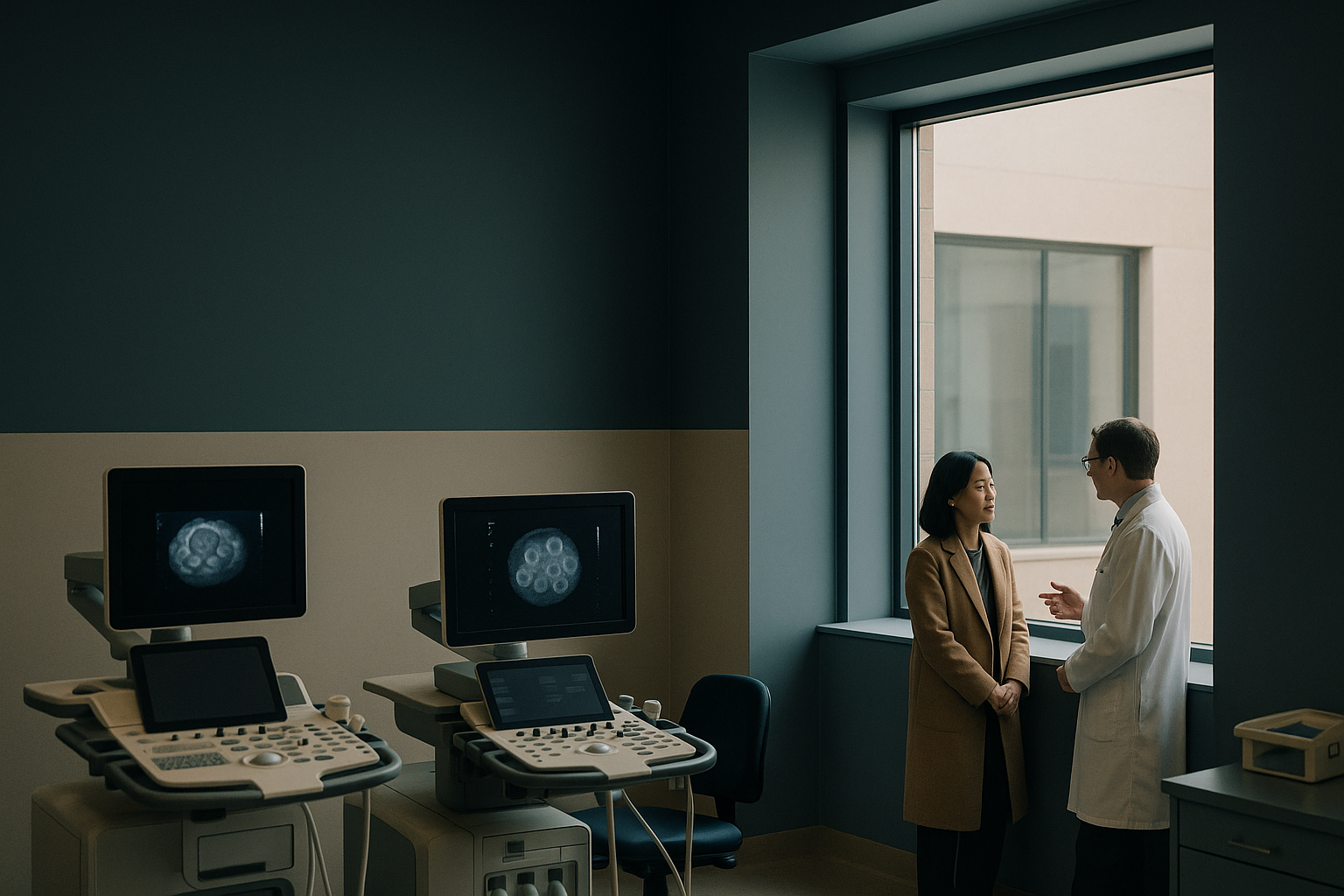 An embryology lab demonstrating IFV assessment with ultrasound equipment.