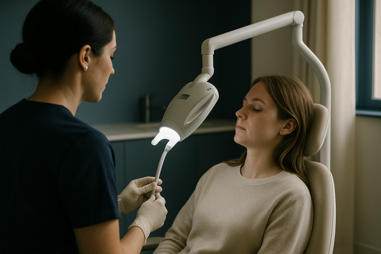 In-office teeth whitening before and after procedure in a dental clinic