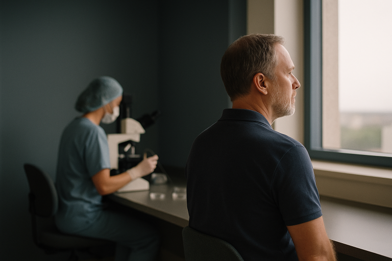 Scientist performing intracytoplasmic sperm injection (ICSI) in an embryology lab using a microscope.