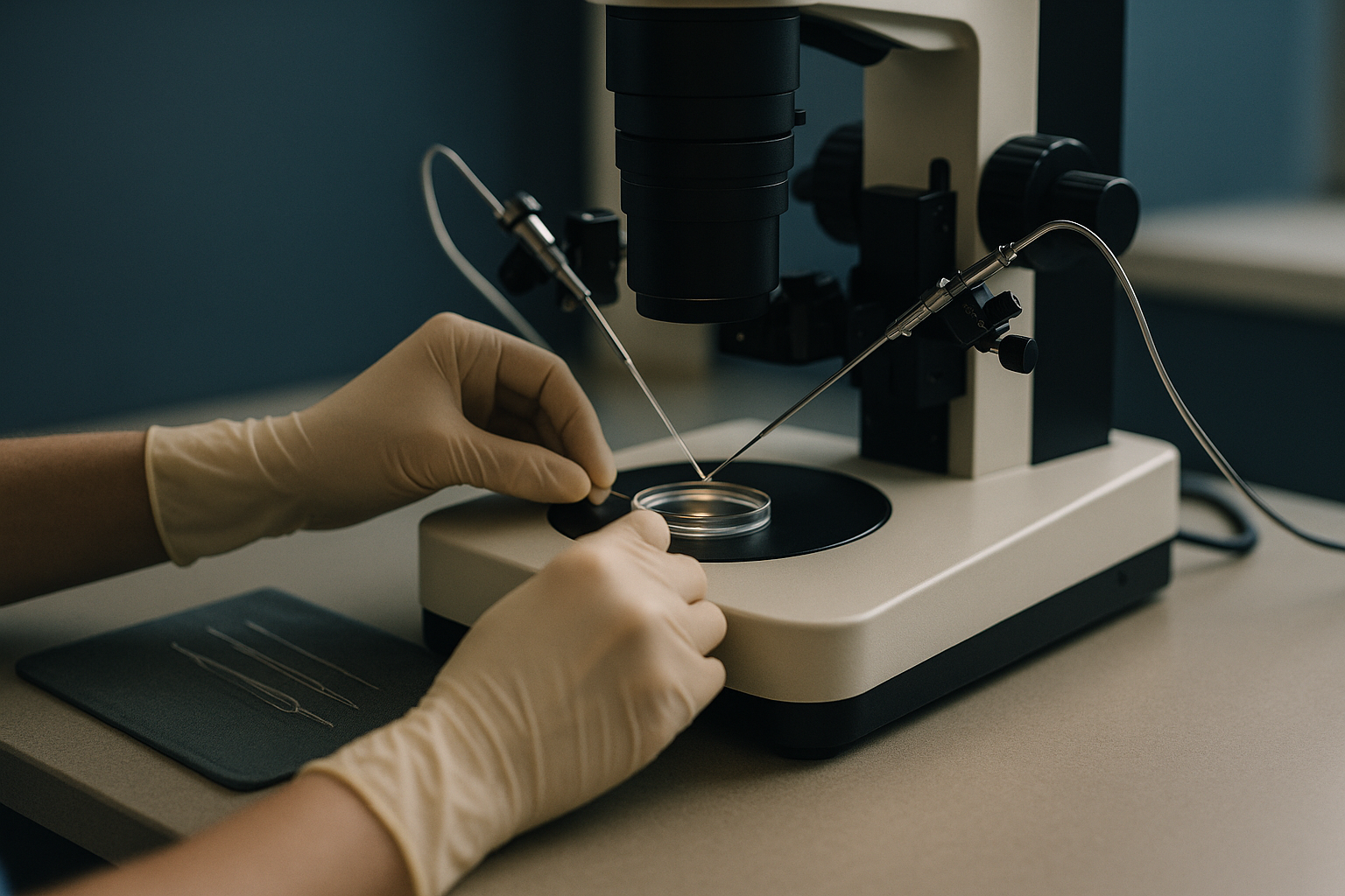 Scientist performing the intracytoplasmic sperm injection procedure in an embryology lab.