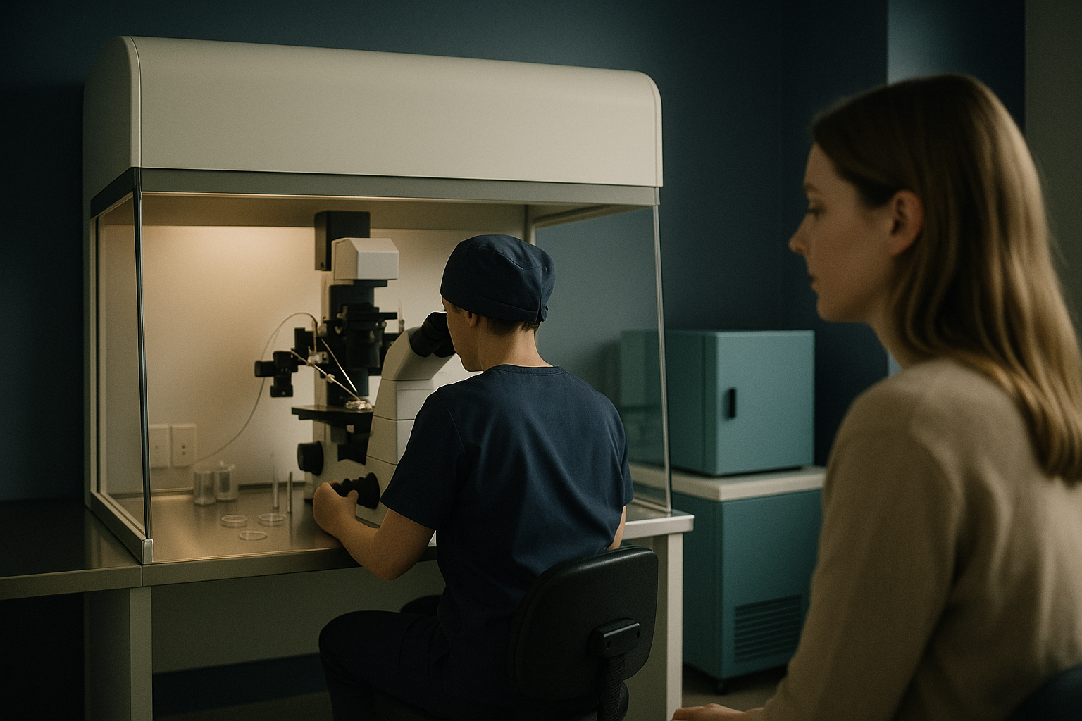 Technician performing intracytoplasmic sperm injection in a modern embryology lab