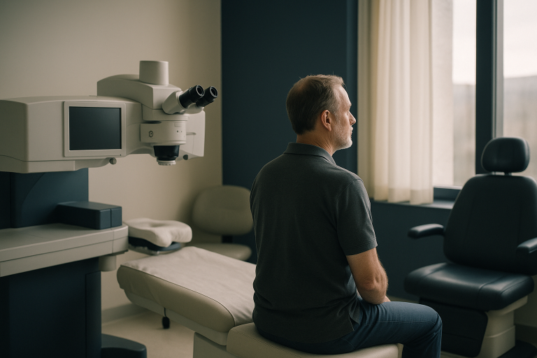 Ophthalmology clinic with laser equipment for iris depigmentation laser surgery.