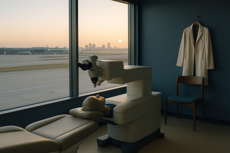 Patient undergoing laser depigmentation for eyes at a modern ophthalmology clinic, highlighting the procedure's precision and equipment.