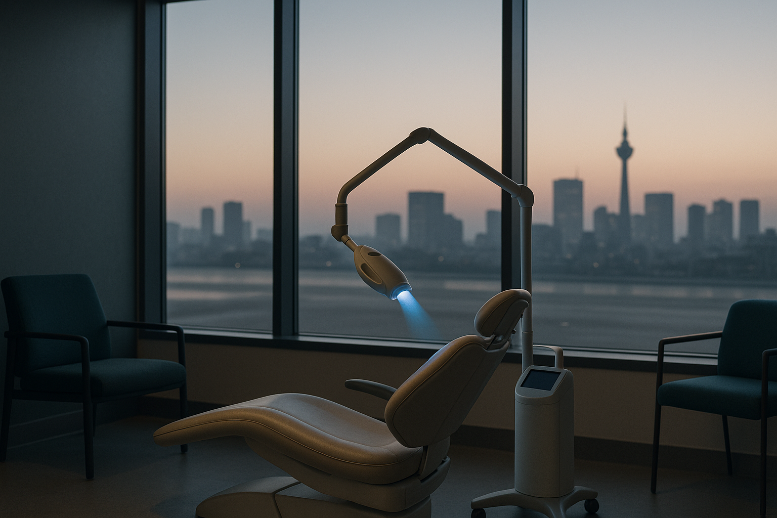 Laser teeth whitening procedure being performed in a dental clinic, highlighting before and after results.