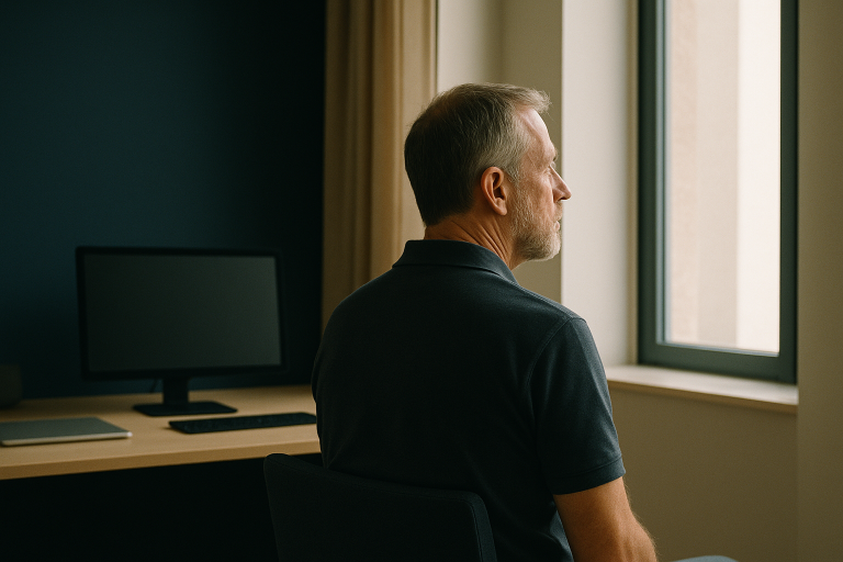 Modern executive workspace discussing local SEO for doctors with screens displaying SEO data.