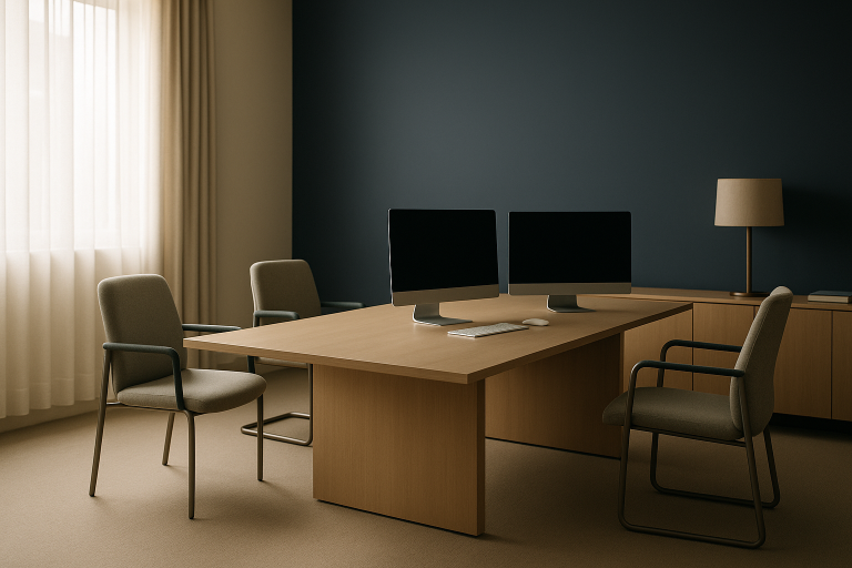 Executives discussing medical device lead generation strategies in a modern workspace.
