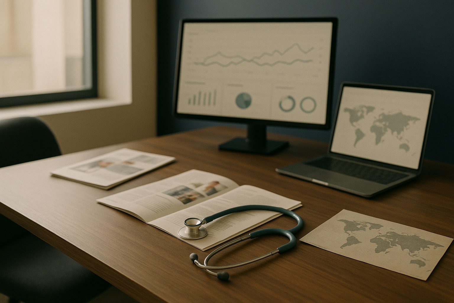 Medical SEO specialists analysing healthcare data on screens in an executive workspace.