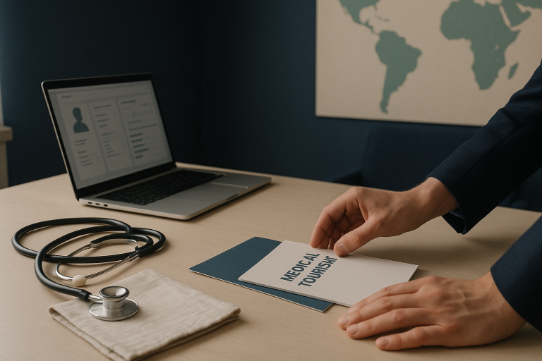 Modern executive workspace with medical tourism facilitators' materials.