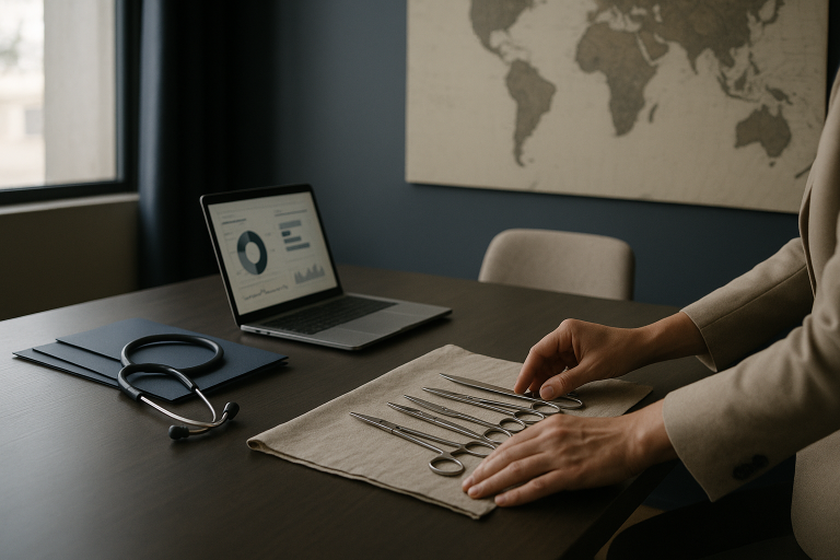 Medical tourism in Mexico workspace, showcasing brochures and healthcare data.